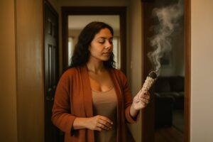 Smoke cleansing in a home with herbal bundle