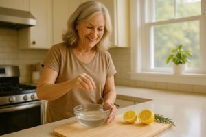 Salt and water cleansing in a bright kitchen