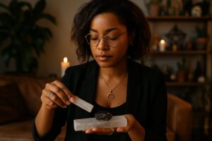 Witchy woman cleansing crystals with selenite