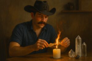 Cowboy witch burning a petition over candle flame