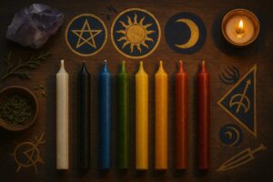 Row of colorful spell candles on an altar with occult symbols.