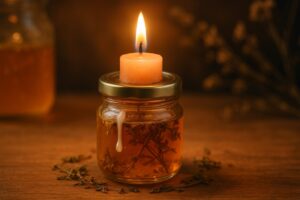 Honey jar spell with a small candle burning on top.