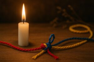 Lit candle with colored cords knotted together for a cord working.