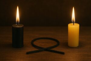 Black and yellow candles with a cord between them for banishing and road opening.