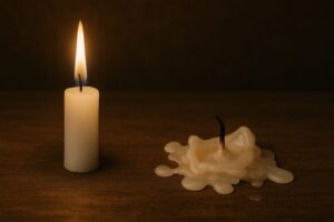 Lit candle with a pool of melted wax for divinatory reading.
