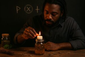 Black man tending a candle on top of a protection jar filled with herbs.