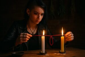 Punky young woman performing a cord cutting ritual between two candles.