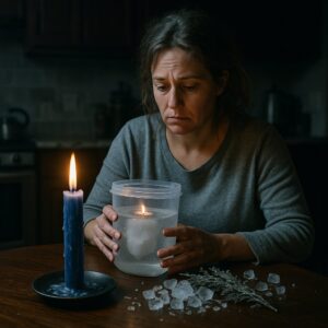 Tired mother holding a frozen container in a candlelit kitchen for a freezer spell.