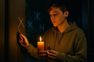 Queer teen marking a chalk sigil by a candlelit doorway as a threshold ward.