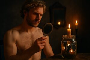Shirtless blond man studying a hand mirror beside a candlelit mirror jar ward.