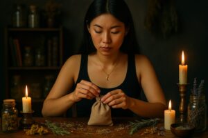 Witchy Asian woman in a tank top crafting a herb-filled protection sachet.