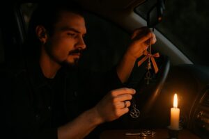 Goth-leaning man with a goatee hanging a protection charm from a car mirror.