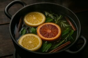 Simmer pot with citrus and herbs on a stove.