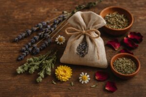 Herbal sachet surrounded by dried flowers and herbs.