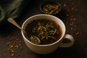Cup of herbal tea with loose herbs and spoon.