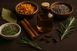 Small amber bottle of oil surrounded by herbs and spices.