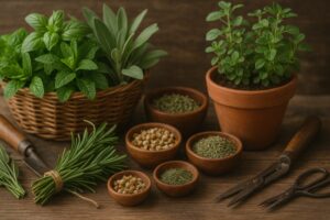 Fresh and dried herbs with gardening tools and terracotta pots.