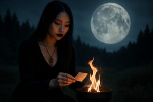 Modern goth witch burning paper in a cauldron under the full moon