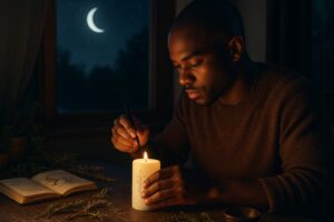 Modern witch carving intention into a candle at night with a crescent moon