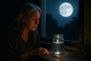 Middle-aged witch watching a jar of water charge on a moonlit windowsill