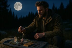 Rugged camper-style witch charging crystals and tarot under the full moon