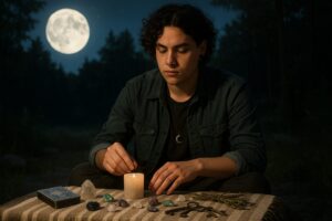 Nonbinary witch working with crystals and a candle under the full moon