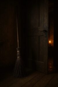A broom resting by a half-open door, candlelight spilling from within.