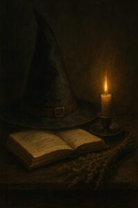 A witch's hat, open book, herbs and candle on a table in dim light.