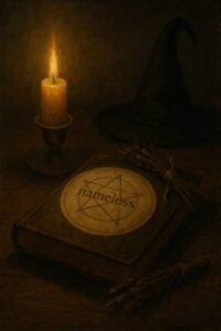 A candle, a witch's hat in shadow, and a grimoire marked with the word nameless.