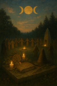A twilight pagan circle dancing around fires beneath a triple moon.