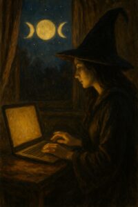 A witch in shadow working at a laptop while the triple moon shines outside the window.