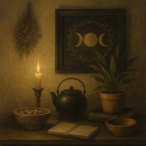 A cozy household shelf that doubles as a witch's altar with candle, teapot, plant and book.