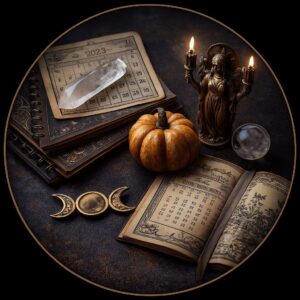 Almanacs, calendars, a pumpkin, Hekate statue and triple moon symbol arranged as a witch's calendar altar.