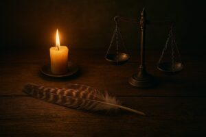 Circle of candles and flowers representing the Wiccan Rede.