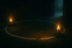 Ritual circle with an intentional open gate, symbolizing boundaries and consent.