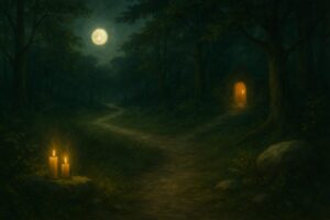Two paths through a moonlit forest, symbolizing different Wiccan traditions.
