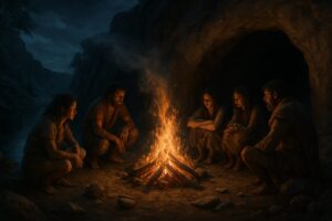 Prehistoric people gathered around a fire at night near a cave entrance.