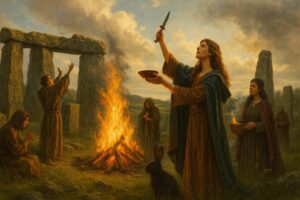 Ritual at a stone circle with robed figures and a central fire.