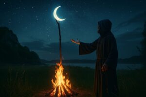 Hooded figure by a fire raising a staff with a glowing crescent toward the night sky.