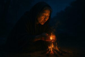 Middle-aged Asian witch coaxing a small fire to life by blowing on embers.