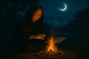 Asian witch reading from a book beside a fire under a crescent moon.