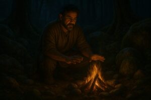 Latino witch kneeling by a small fire in a mossy forest.