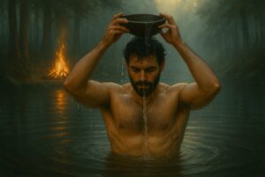 Man standing in a forest pool at dawn, pouring water from a bowl over his head.