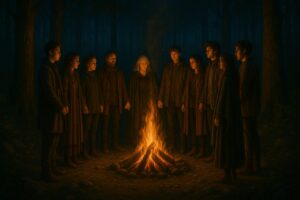 Modern multigenerational coven standing in a circle around a fire in a forest at night.