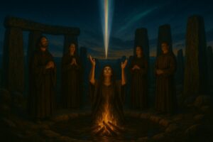 Coven in a stone circle with a prism beam of light descending from the sky above a central fire.