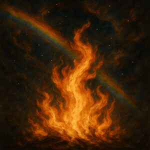 Cosmic, painterly image of a fiery column rising in an indigo starfield, crossed by a faint prismatic ray.