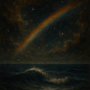 Cosmic, painterly image of a luminous wave or sea rising out of a star-filled void, crossed by a prismatic ray.