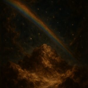 Cosmic, painterly image of dense, mountainous matter condensing out of darkness under a star-filled sky, crossed by a prismatic ray.
