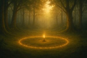 Sunrise-lit ritual circle glowing in a forest clearing