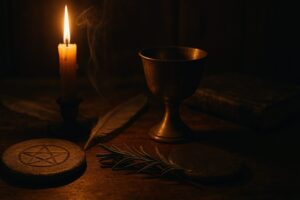 Candlelit altar still life with chalice, feather, stone and herbs